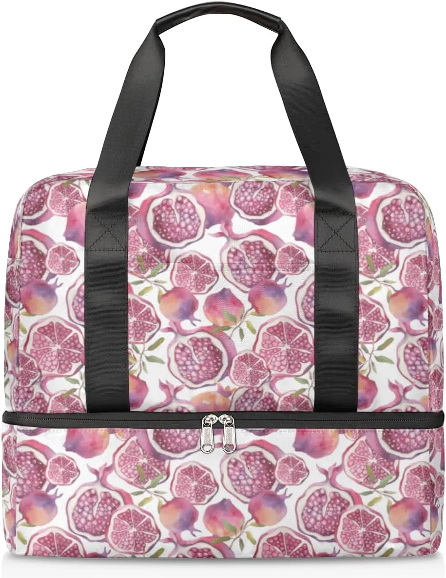 Pomegranate Fruit Travel Bag Double Tier Zip Closure Weekender Bag with Leather Handle Waterproof Sports Tote Gym Bag for Swim Beach Gym Yoga