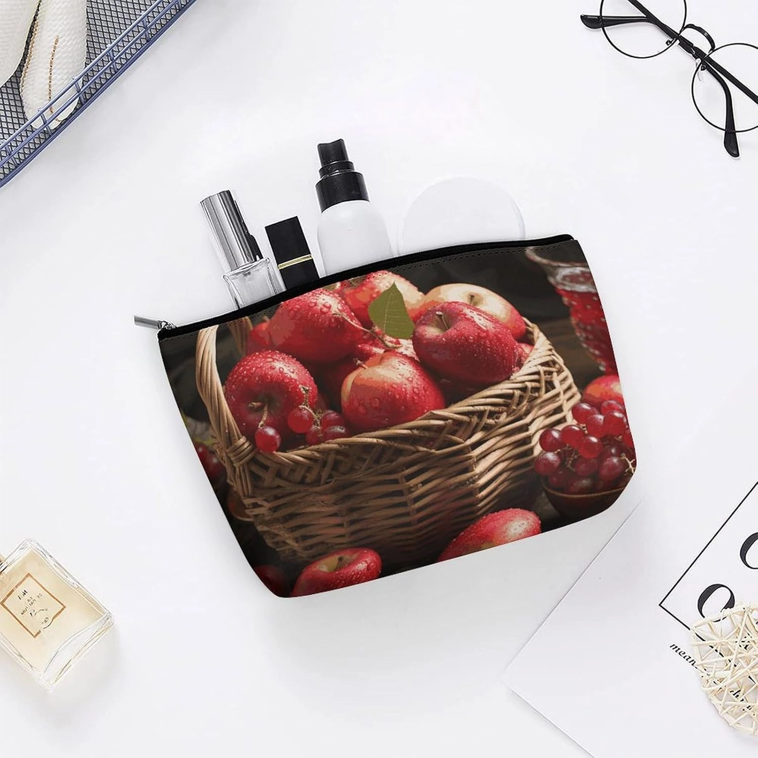 Portable Small Cosmetic Bag Cute Travel Makeup Bag Red Fruit in A Basket Waterproof Toiletry Bag for Women