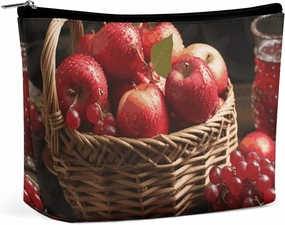 Portable Small Cosmetic Bag Cute Travel Makeup Bag Red Fruit in A Basket Waterproof Toiletry Bag for Women