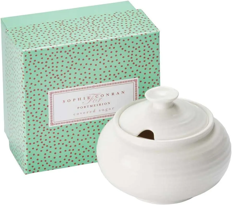 Portmeirion Sophie Conran White Covered Sugar Bowl | 11 Oz Sugar Container | Sugar Jar for Coffee Bar, Home, and Kitchen Countertop | Made from Fine Porcelain