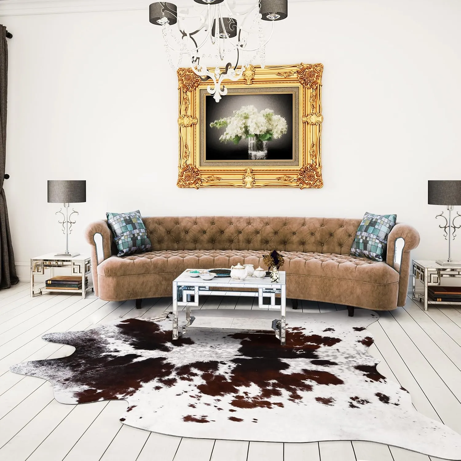 Premium Cowhide Rug, 5.2 x 6.2 Feet, Western Decor Faux Cowhide, Thickened Cow Print, For Bedroom, Living Room, Home Office Decor