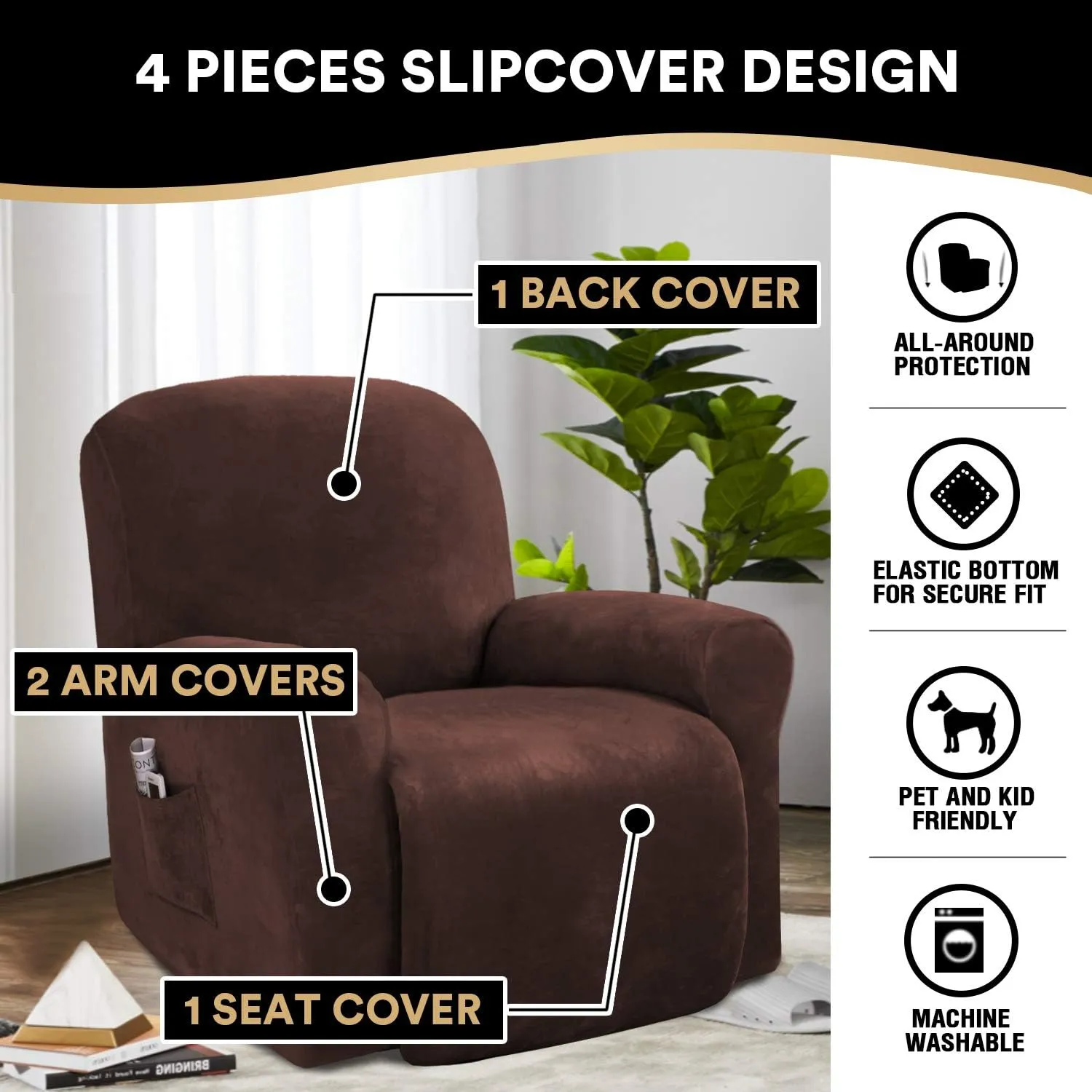 PrinceDeco Recliner Chair Cover Velvet Stretch Recliner Couch Covers 4-Pieces Style Recliner Chair Covers Recliner Cover for Reclining Chair Slipcovers Feature Non Slip Form Fitted Thick Soft,Brown