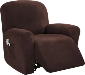 PrinceDeco Recliner Chair Cover Velvet Stretch Recliner Couch Covers 4-Pieces Style Recliner Chair Covers Recliner Cover for Reclining Chair Slipcovers Feature Non Slip Form Fitted Thick Soft,Brown