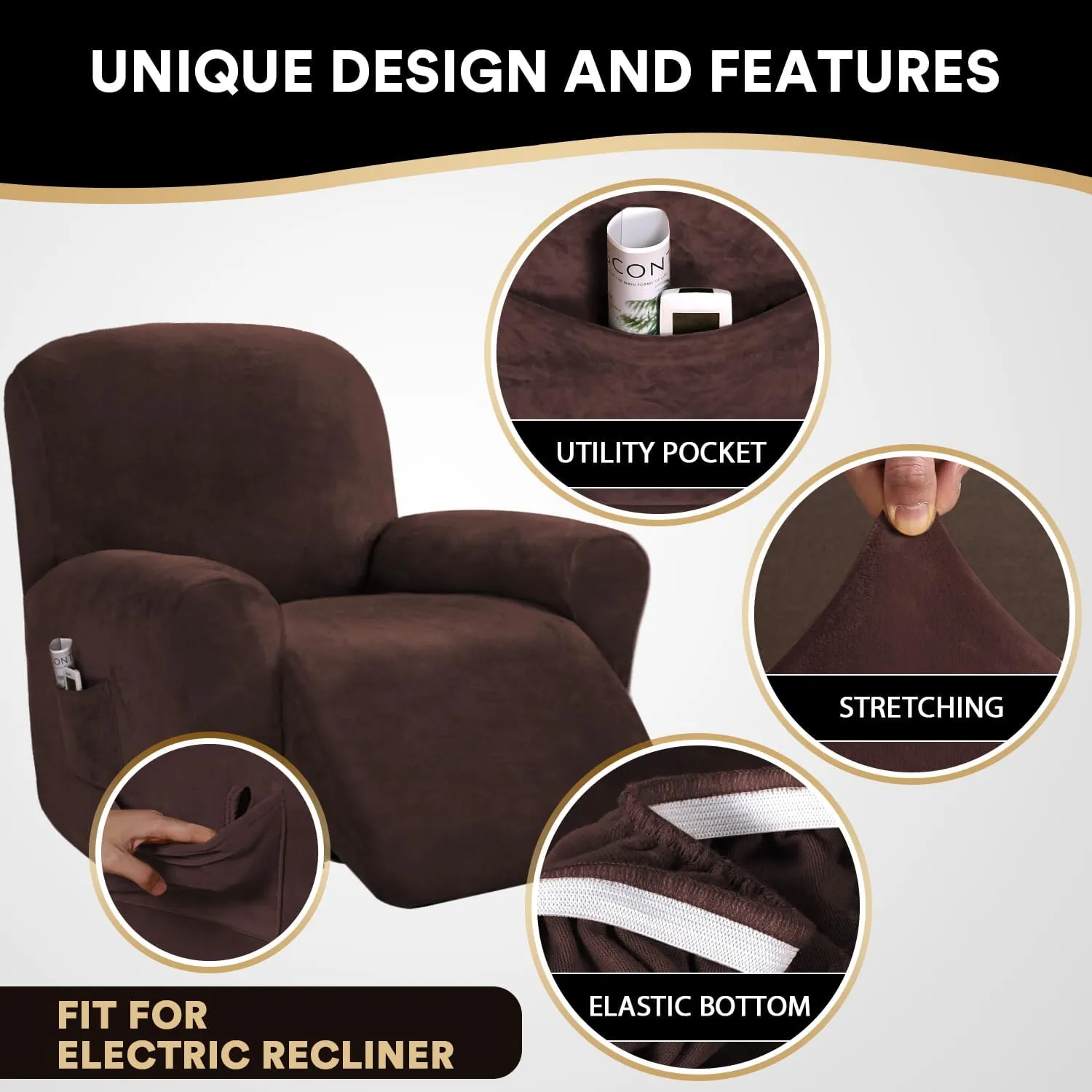 PrinceDeco Recliner Chair Cover Velvet Stretch Recliner Couch Covers 4-Pieces Style Recliner Chair Covers Recliner Cover for Reclining Chair Slipcovers Feature Non Slip Form Fitted Thick Soft,Brown