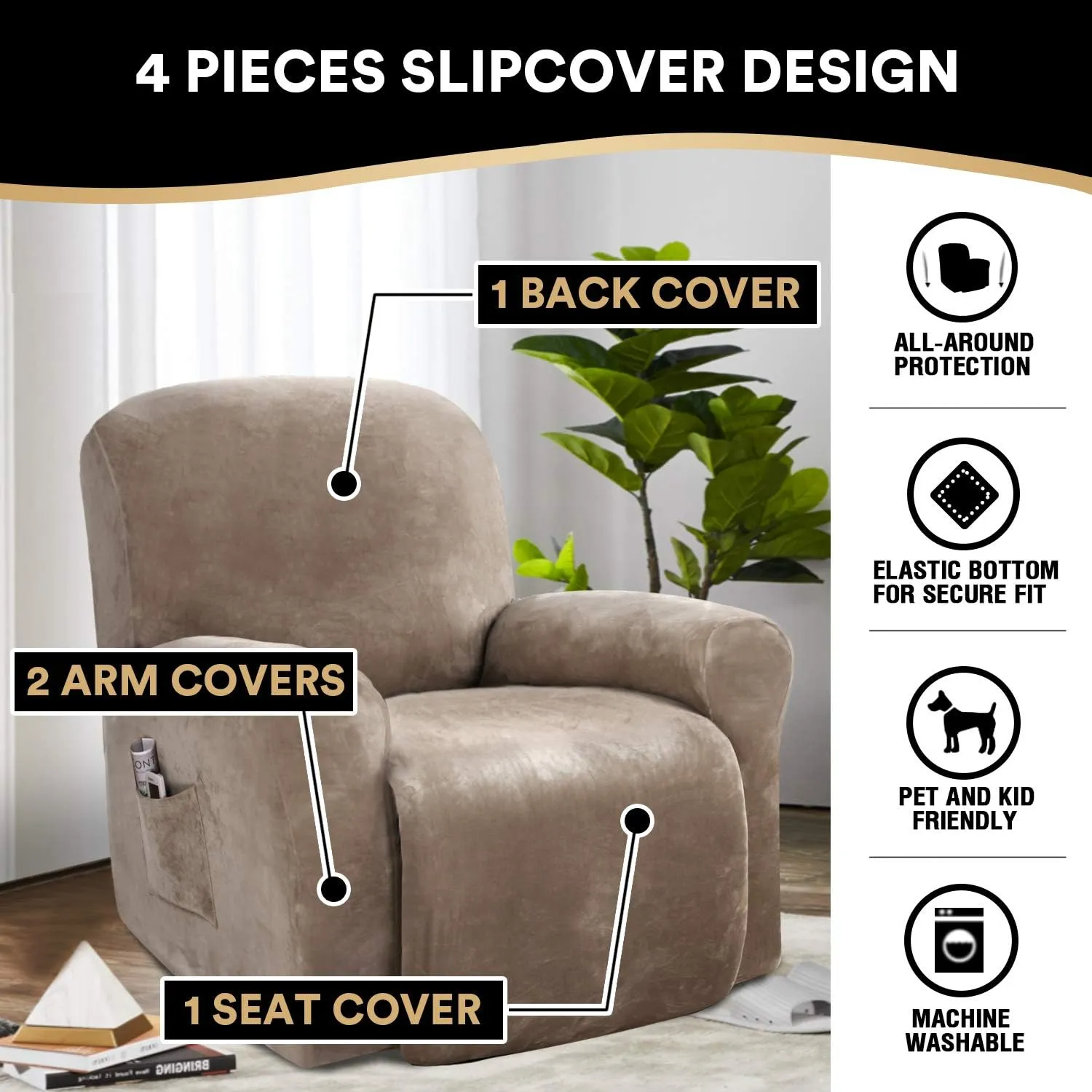 PrinceDeco Recliner Chair Cover Velvet Stretch Recliner Couch Covers 4-Pieces Style Recliner Chair Covers Recliner Cover for Reclining Chair Slipcovers Feature Non Slip Form Fitted Thick Soft,Taupe