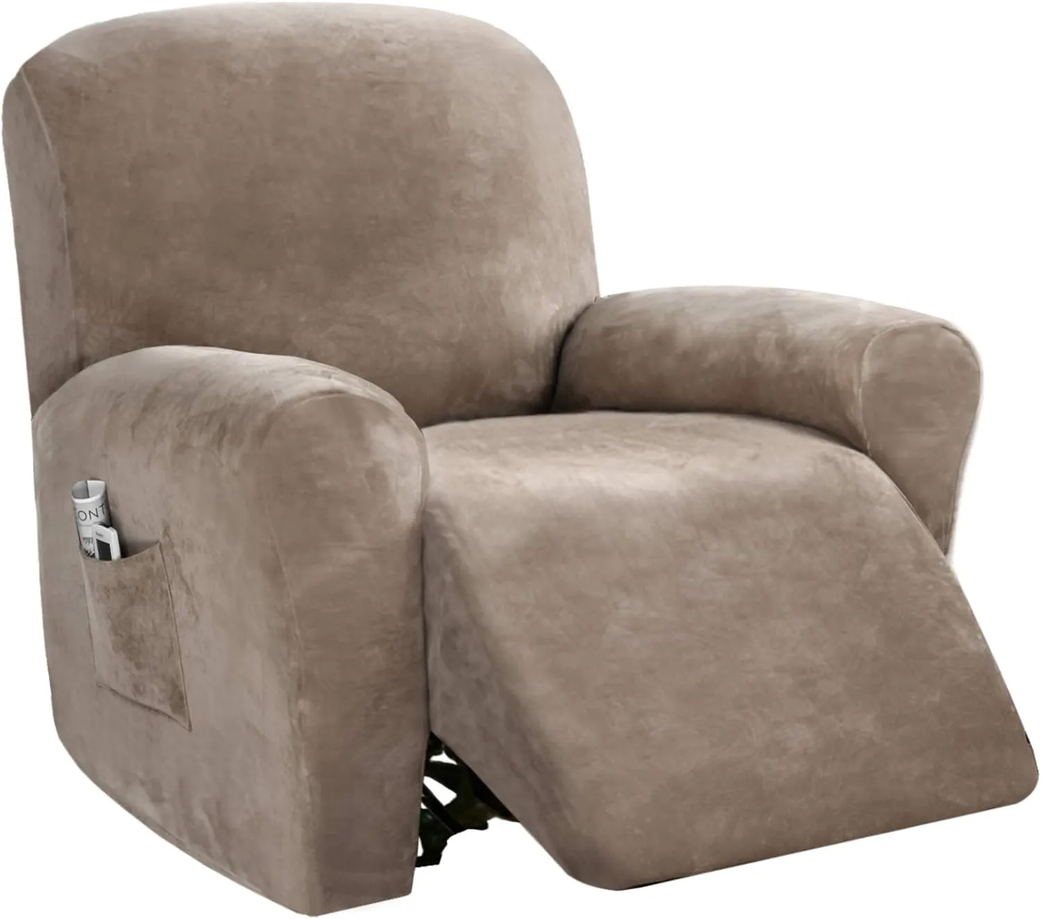 PrinceDeco Recliner Chair Cover Velvet Stretch Recliner Couch Covers 4-Pieces Style Recliner Chair Covers Recliner Cover for Reclining Chair Slipcovers Feature Non Slip Form Fitted Thick Soft,Taupe