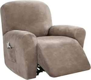 PrinceDeco Recliner Chair Cover Velvet Stretch Recliner Couch Covers 4-Pieces Style Recliner Chair Covers Recliner Cover for Reclining Chair Slipcovers Feature Non Slip Form Fitted Thick Soft,Taupe