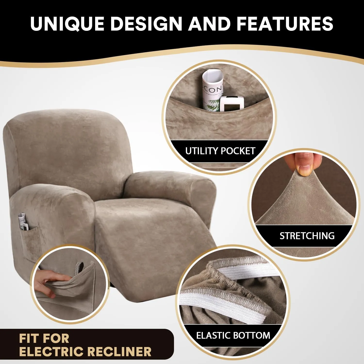 PrinceDeco Recliner Chair Cover Velvet Stretch Recliner Couch Covers 4-Pieces Style Recliner Chair Covers Recliner Cover for Reclining Chair Slipcovers Feature Non Slip Form Fitted Thick Soft,Taupe