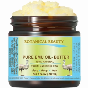 PURE EMU OIL BUTTER 100% Natural RAW VIRGIN UNREFINED for FACE, BODY, HANDS, FEET, NAILS, HAIR and LIP CARE 8 Fl. oz. - 240 ml by Botanical Beauty