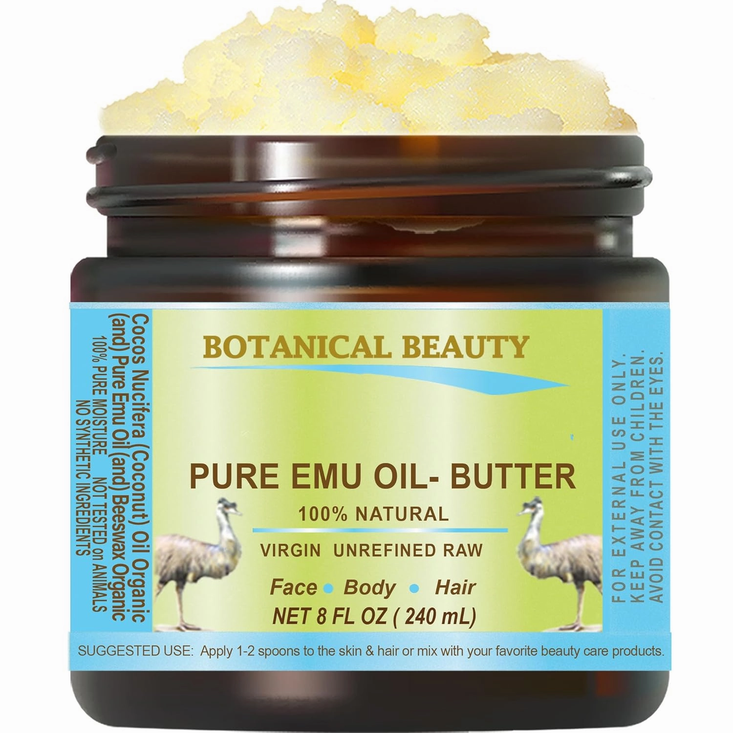 PURE EMU OIL BUTTER 100% Natural RAW VIRGIN UNREFINED for FACE, BODY, HANDS, FEET, NAILS, HAIR and LIP CARE 8 Fl. oz. - 240 ml by Botanical Beauty