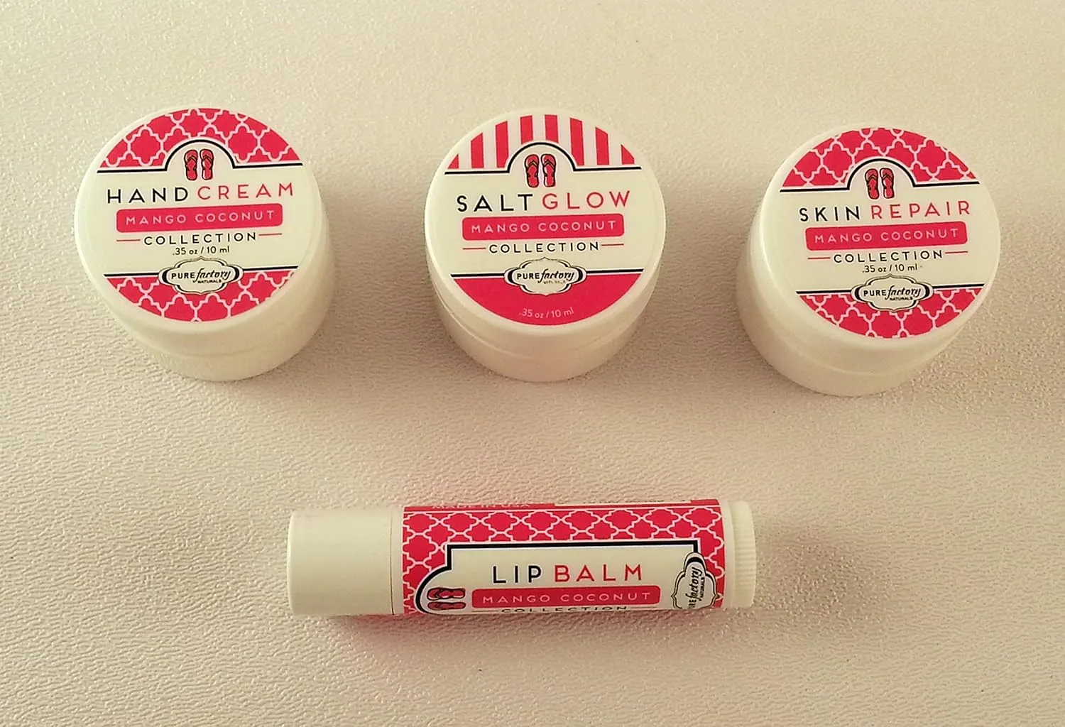 Purefactory Travel Size Skin and Lip Care - The Works - Perfect to Take on Vacation or When Traveling - Includes .35 Ounce Sample Size of Hand Cream, Salt Glow, and Skin Repair and .15 Ounce Tube of Lip Balm (Mango Coconut)