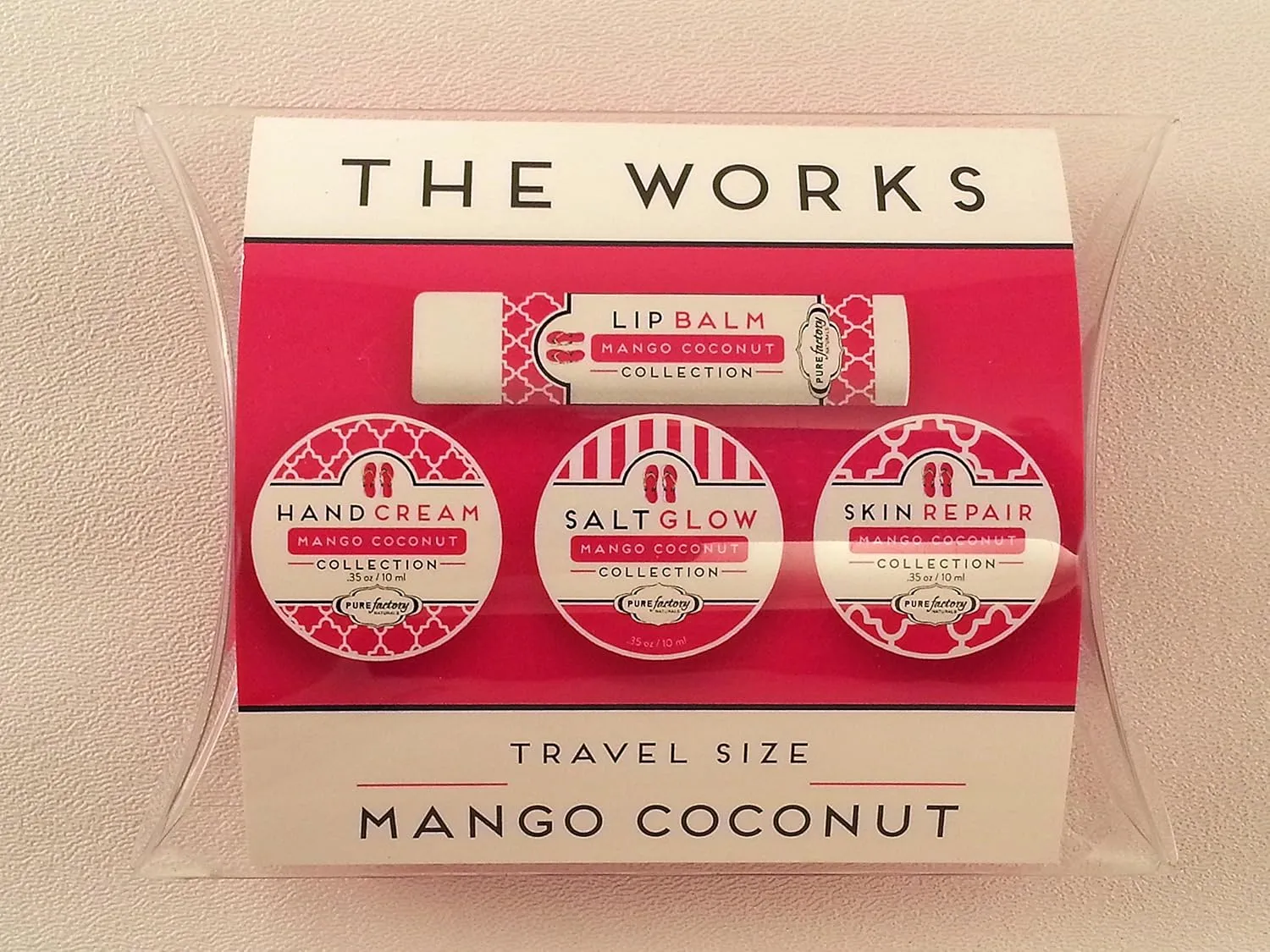 Purefactory Travel Size Skin and Lip Care - The Works - Perfect to Take on Vacation or When Traveling - Includes .35 Ounce Sample Size of Hand Cream, Salt Glow, and Skin Repair and .15 Ounce Tube of Lip Balm (Mango Coconut)