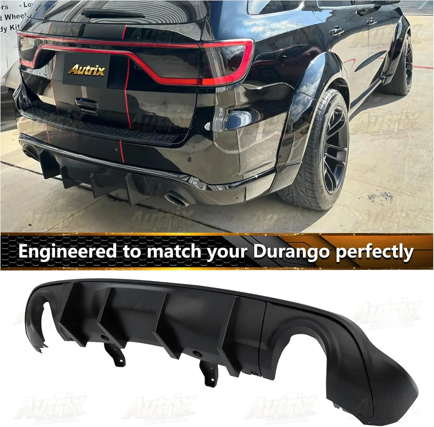 Rear Bumper Diffuser for 2011-2025 Dodge Durango RT SRT SXT GT, Durango Rear Diffuser Lip Splitter Spoiler with Shark Fin & Dual Tips Matte Black