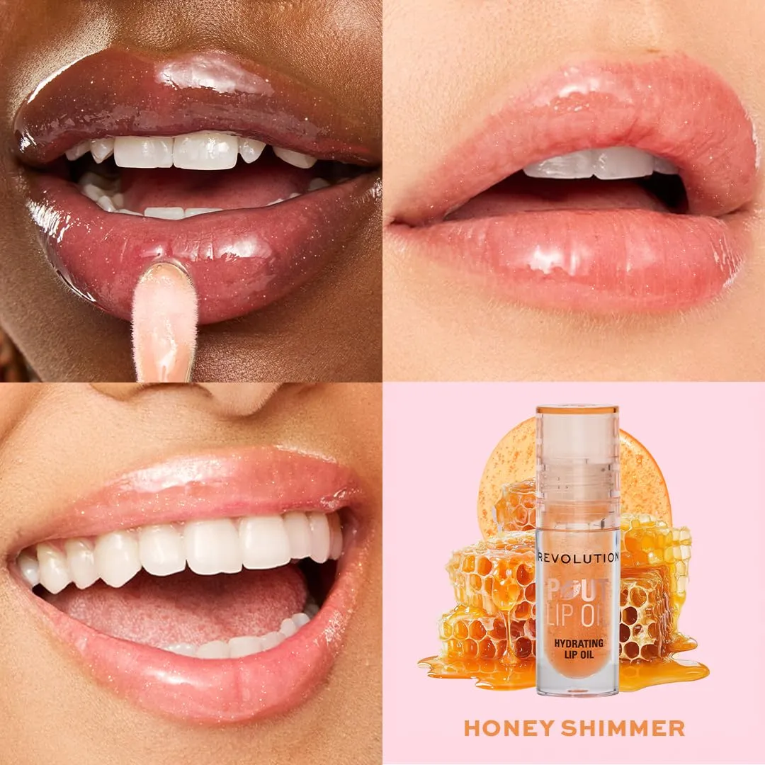 Revolution, Pout Lip Oil, Nourishing Tinted Lip Oil, High Shine, Non-Sticky Finish, Vegan & Cruelty-Free, Honey Shimmer, 0.13 oz (Pack of 2)