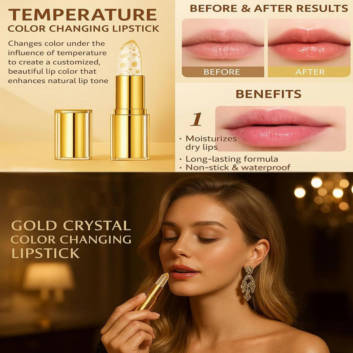 Roarrave Mood Lipstick, Clear Lipstick That Changes Color, Gold Crystal Colors Changed Lip Stick for Women Long-Lasting Moisturizer & Nourishing Lip Gloss (3pcs)