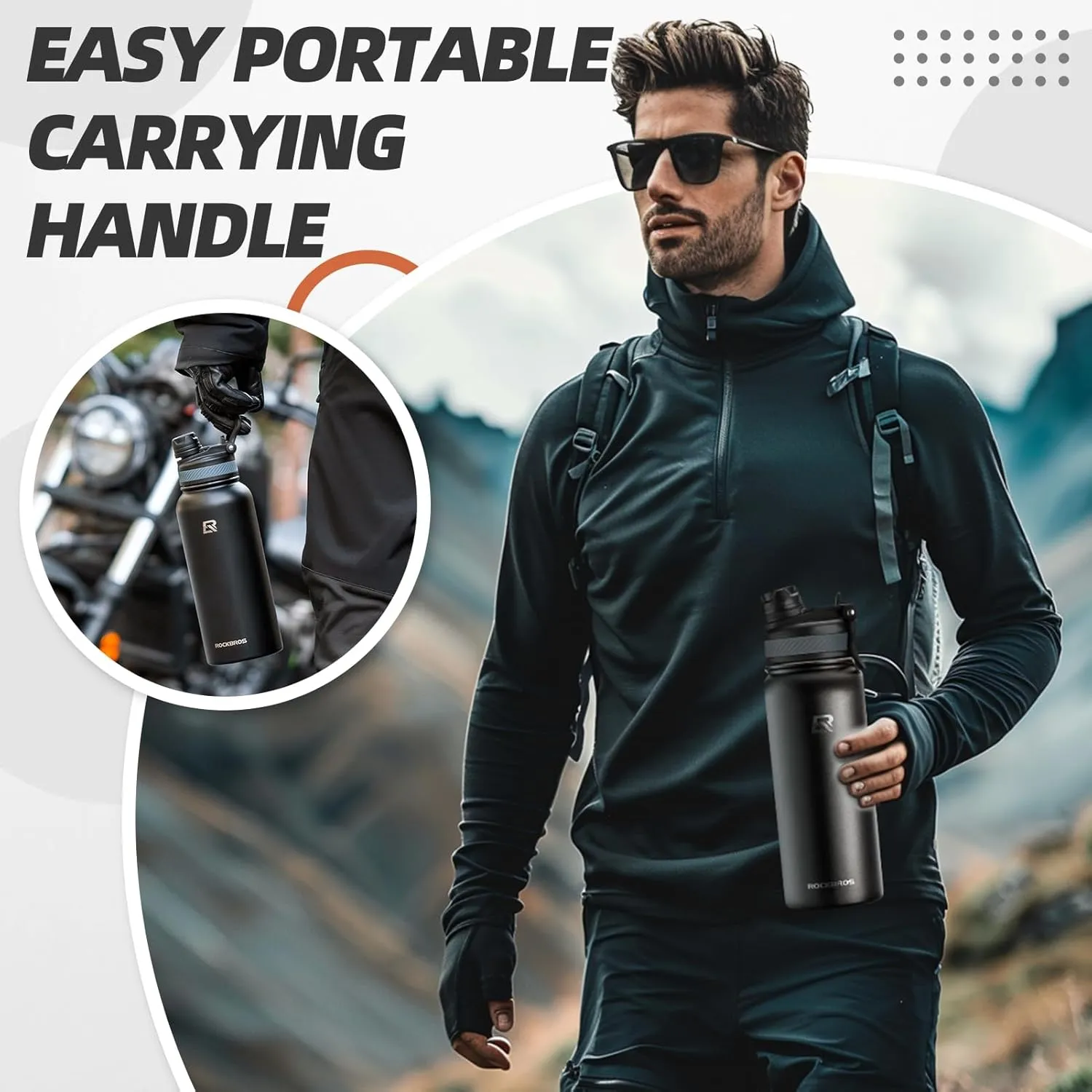 ROCKBROS Insulated Water Bottle with Straw, Stainless Steel Sports Water Cup Flask Leak Proof with Handle Keep Warm and Cold for Hiking, Cycling, Bike Travel, School Sports, Gym