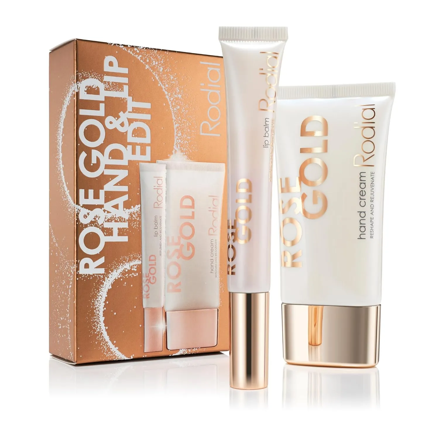 Rodial Rose Gold Hand and Lip Edit - Luxurious Hand Cream (1.35fl oz) and Lip Balm (0.33 fl oz) Duo with 24 Carat Gold Technology, Peptides, and Shea Butter for Ultimate Hand and Lip Care