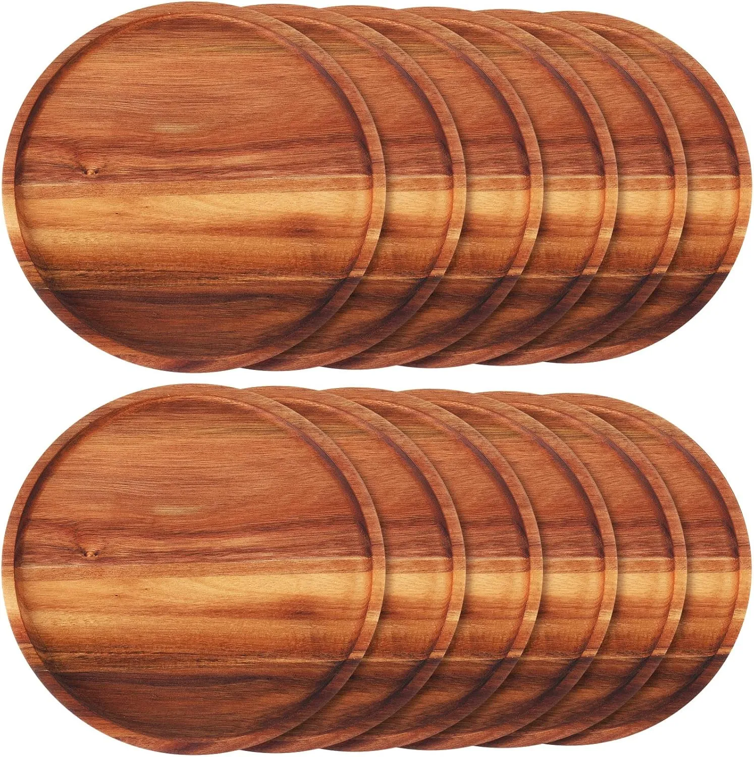 Rtteri 12 Pcs Acacia Wood Dinner Plates Round Wood Dishes Wooden Charger Serving Tray Easy Cleaning Lightweight Unbreakable Classic Plate for Snack Dessert Housewarming Gift(0.95 Inches)