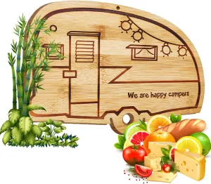 RV Cutting Board Campsite Retro Happy Camper Bamboo Wood Camper Chopping Board Perfect Funny Serving Tray for Vegetables Fruit Cheese, RV Camper gifts,Home Deco