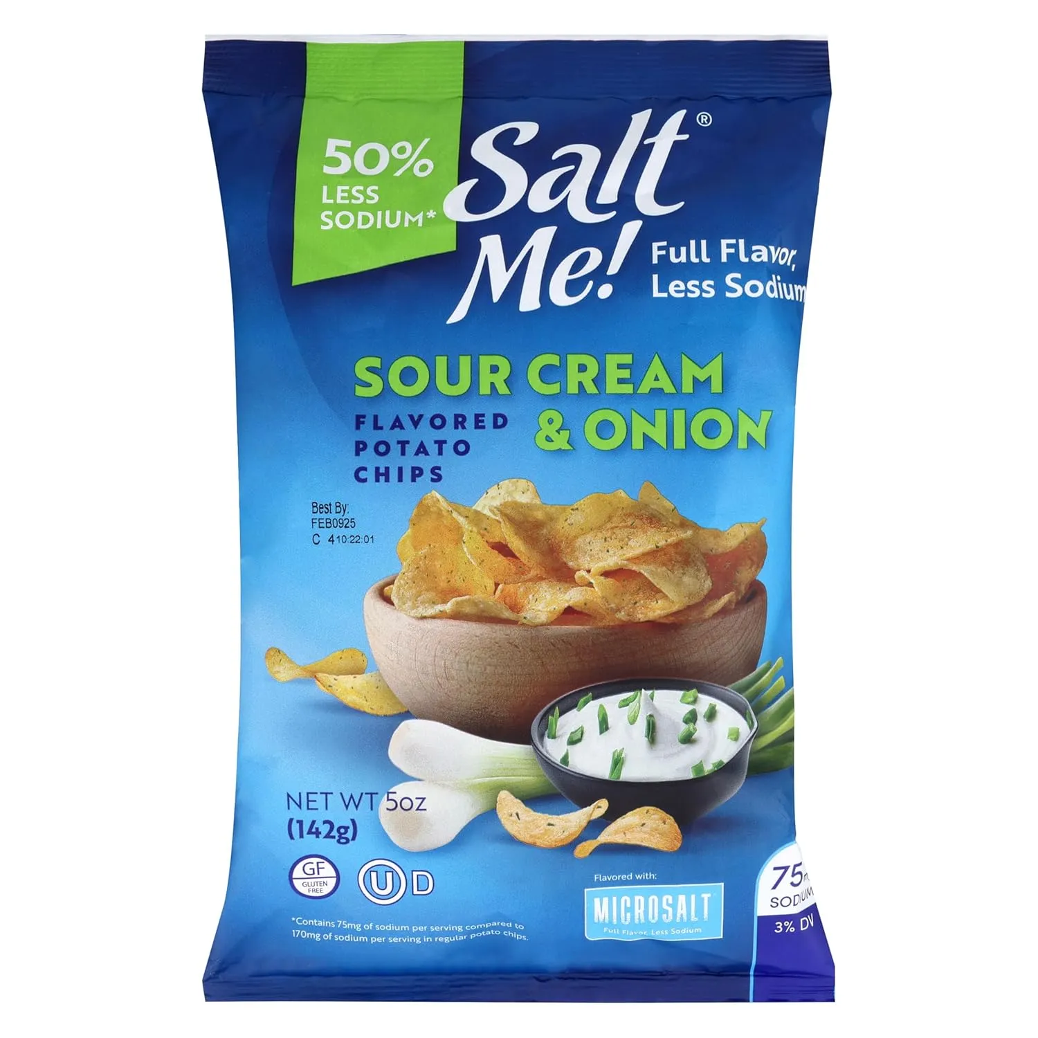 SaltMe! Sour Cream & Onion Potato Chips, 50% Low Salt, Kosher, Non-GMO, Better for You Chips, Flavorful, 5 Ounces, Pack of 6