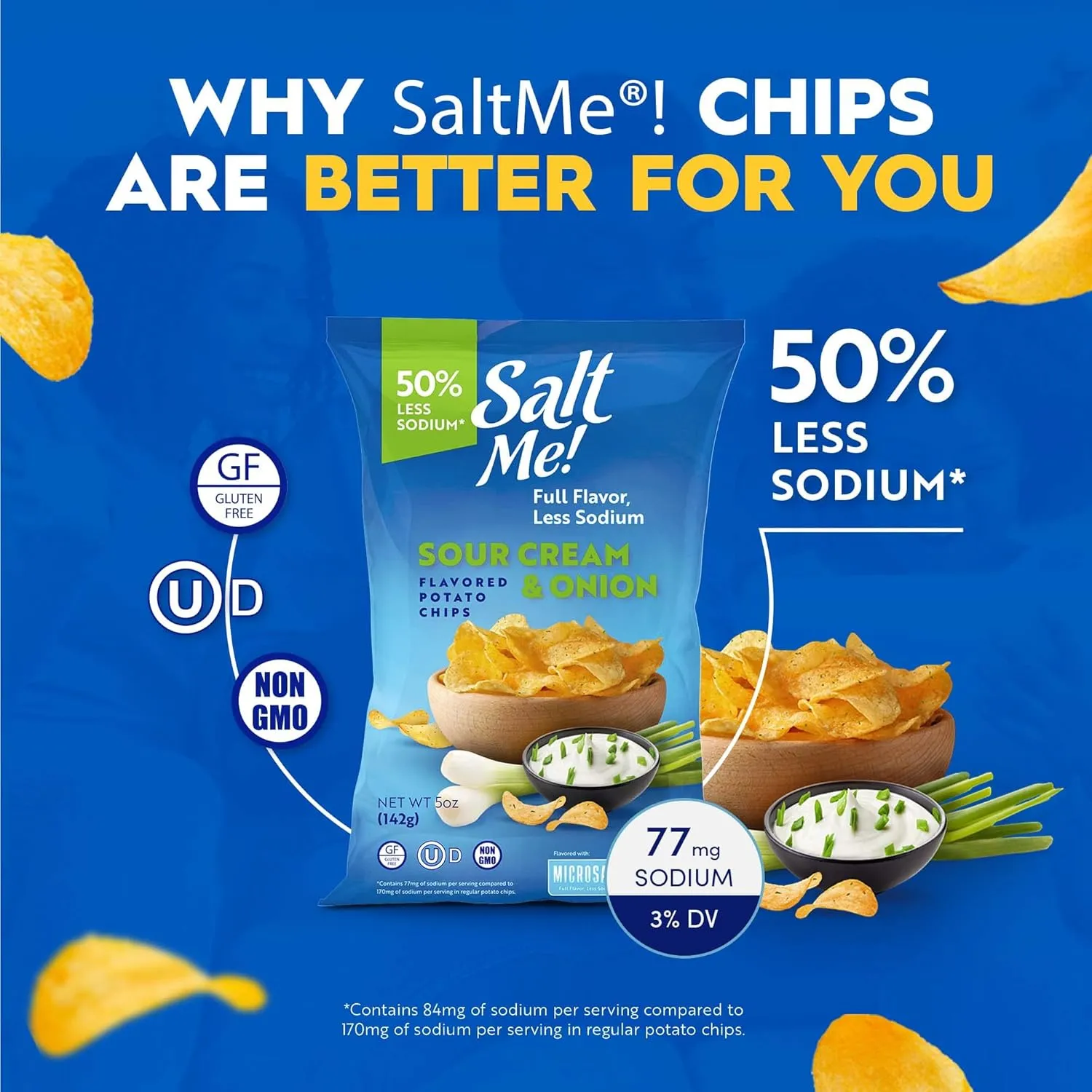 SaltMe! Sour Cream & Onion Potato Chips, 50% Low Salt, Kosher, Non-GMO, Better for You Chips, Flavorful, 5 Ounces, Pack of 6