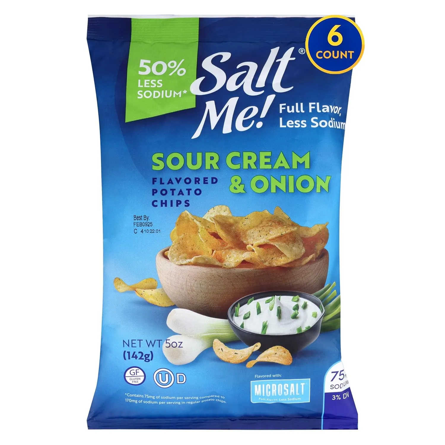 SaltMe! Sour Cream & Onion Potato Chips, 50% Low Salt, Kosher, Non-GMO, Better for You Chips, Flavorful, 5 Ounces, Pack of 6