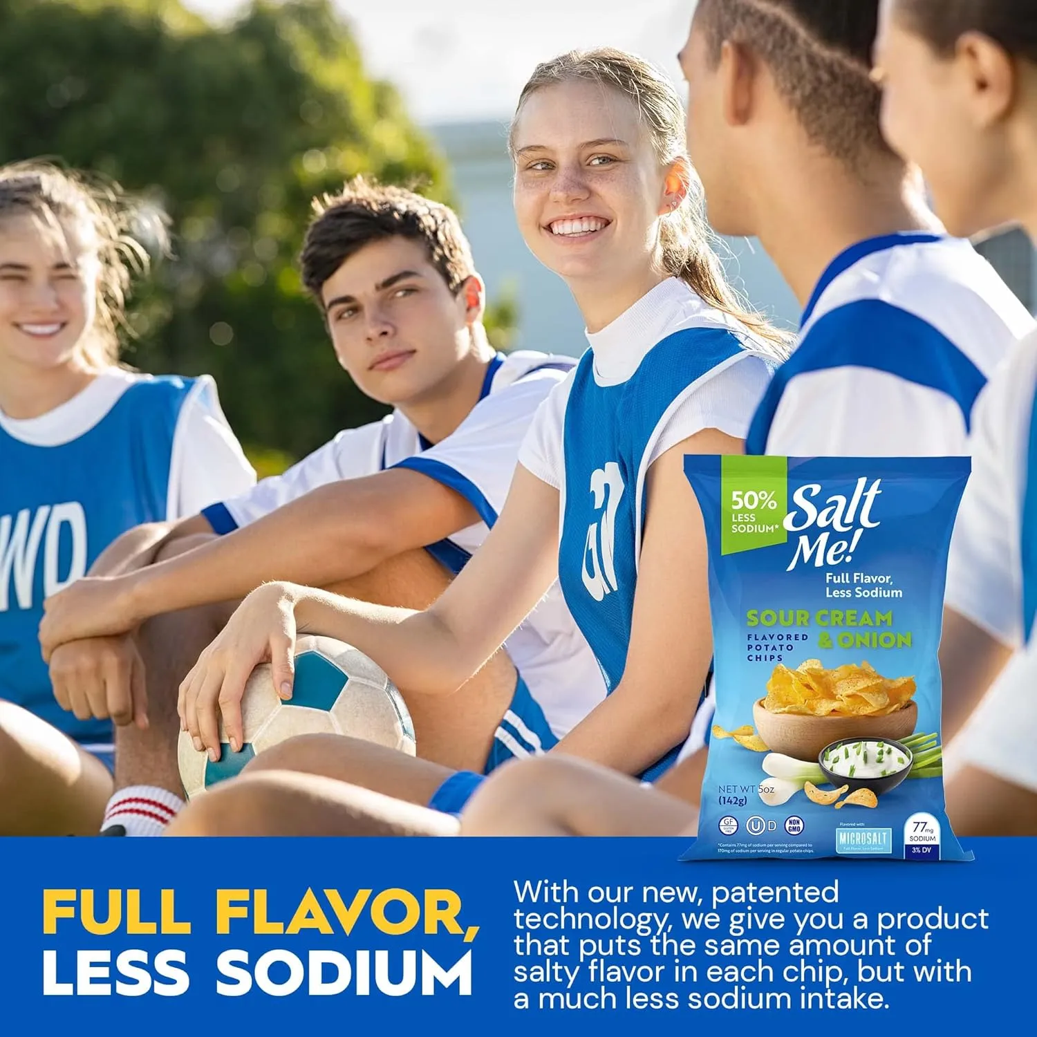 SaltMe! Sour Cream & Onion Potato Chips, 50% Low Salt, Kosher, Non-GMO, Better for You Chips, Flavorful, 5 Ounces, Pack of 6