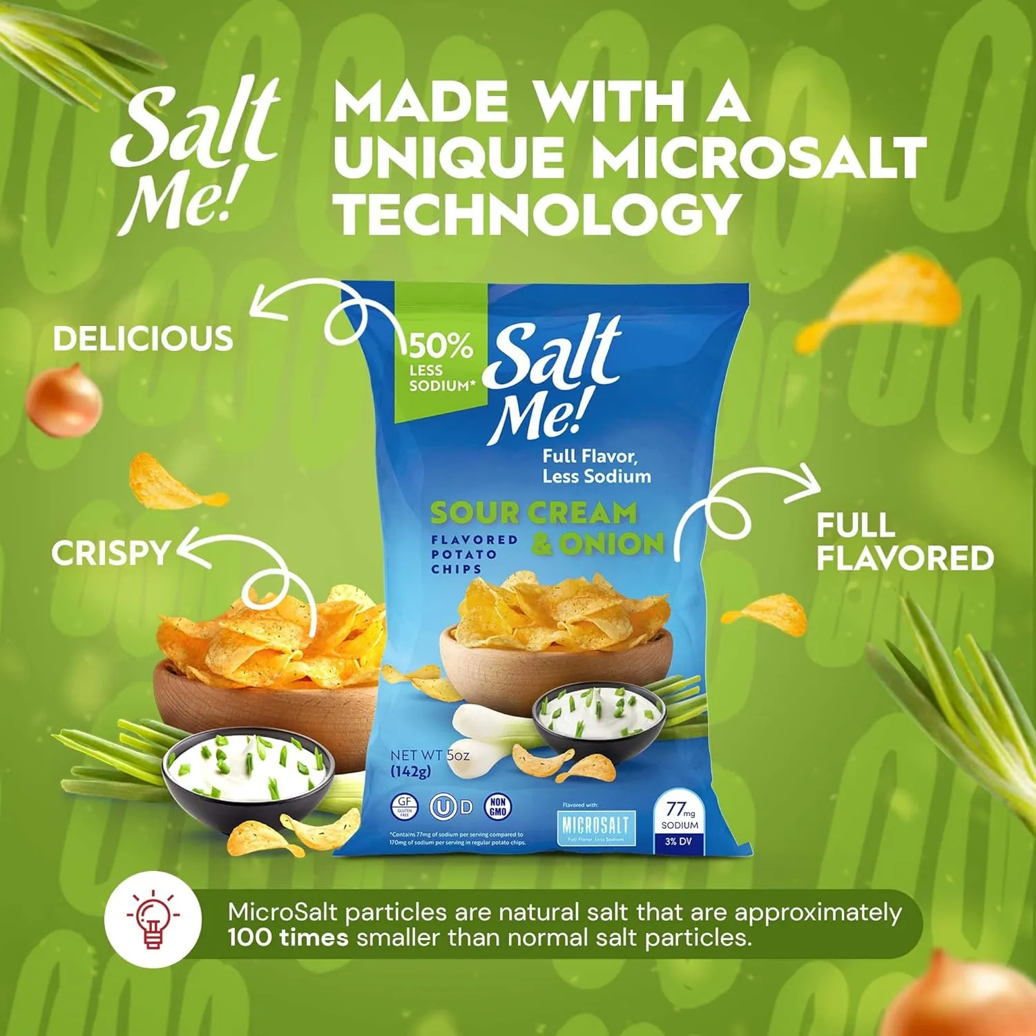 SaltMe! Sour Cream & Onion Potato Chips, 50% Low Salt, Kosher, Non-GMO, Better for You Chips, Flavorful, 5 Ounces, Pack of 6