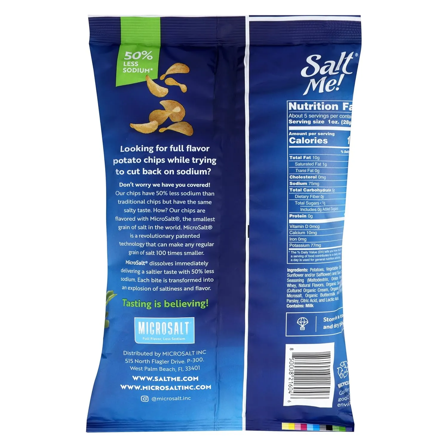 SaltMe! Sour Cream & Onion Potato Chips, 50% Low Salt, Kosher, Non-GMO, Better for You Chips, Flavorful, 5 Ounces, Pack of 6