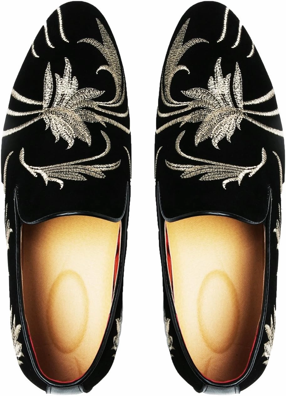 Santimon Mens Slip-On Loafers Business Dress Tuxedo Leather Lined Slippers Driving Moccasins Lightweight Embroidery Suede Luxury Formal Casual Suit Shoes