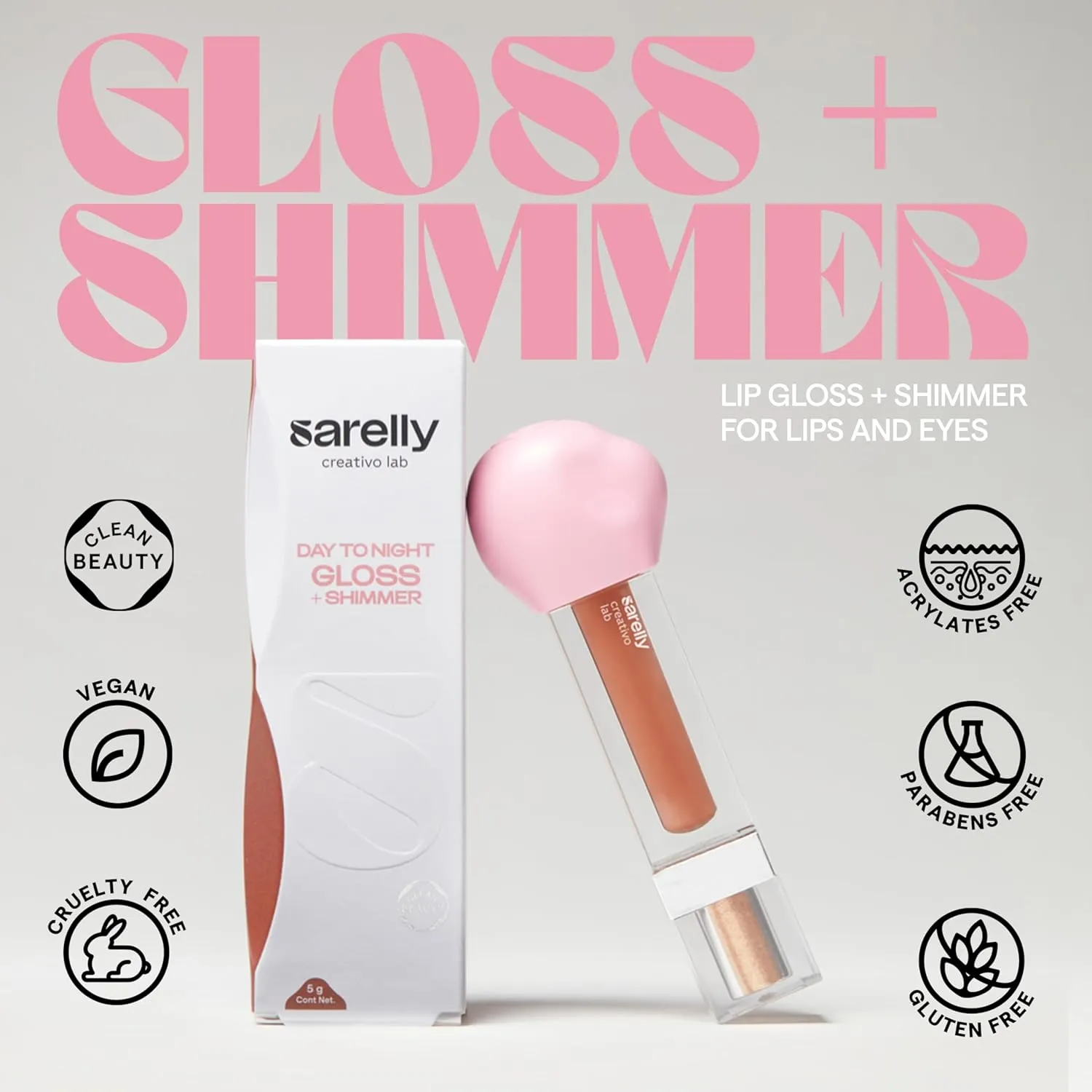 SARELLY CREATIVO LAB | Makeup Set Clear Lip Gloss   Shimmer and Shine | Beauty Vegan Skincare Make Up - Trending Lip Makeup | Peony Carajillo & Rose Quartz flakes
