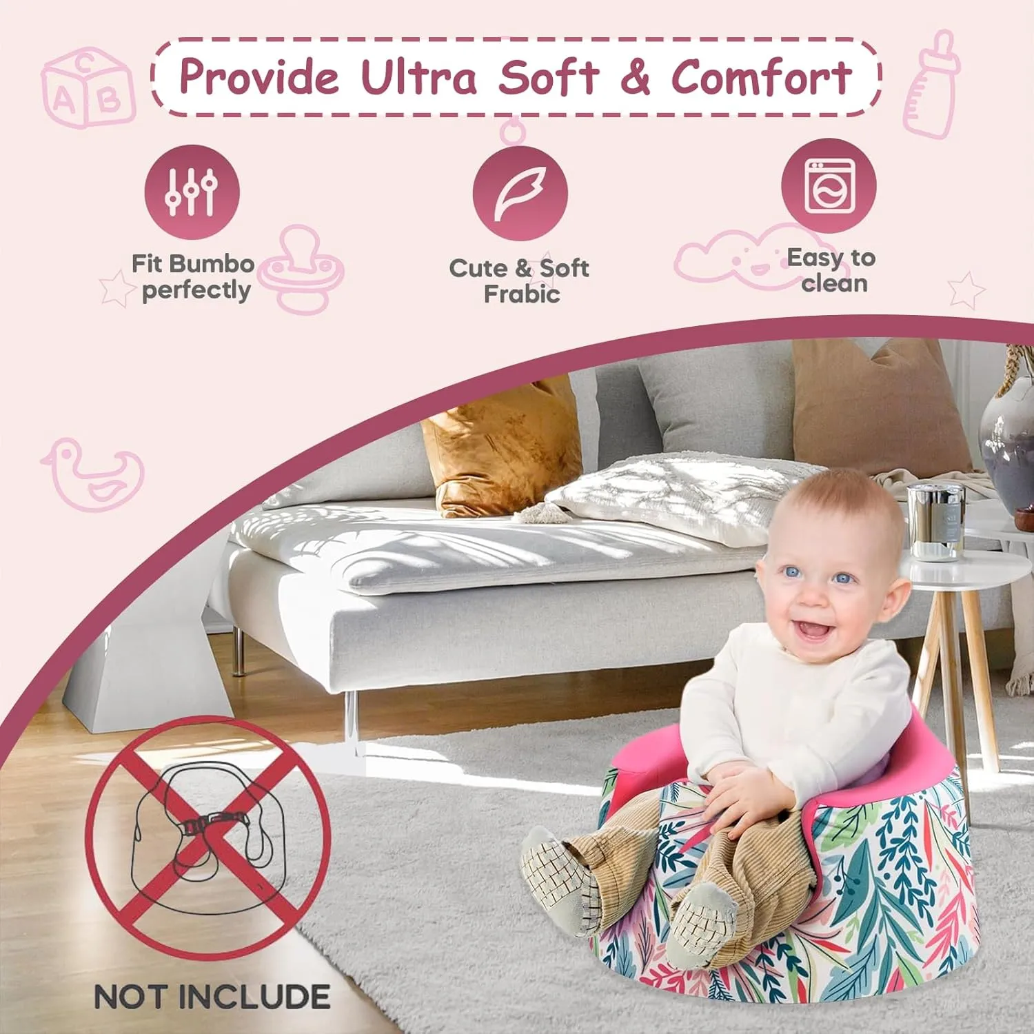 Seat Cover Compatible Baby Seat, Breathable Floor Seat Cover for Girl Boy, Breathable Comfortable Seat Cover, Children Chair Protector, Easy to Install & Remove (Pink Rainbow Plus Velvet)