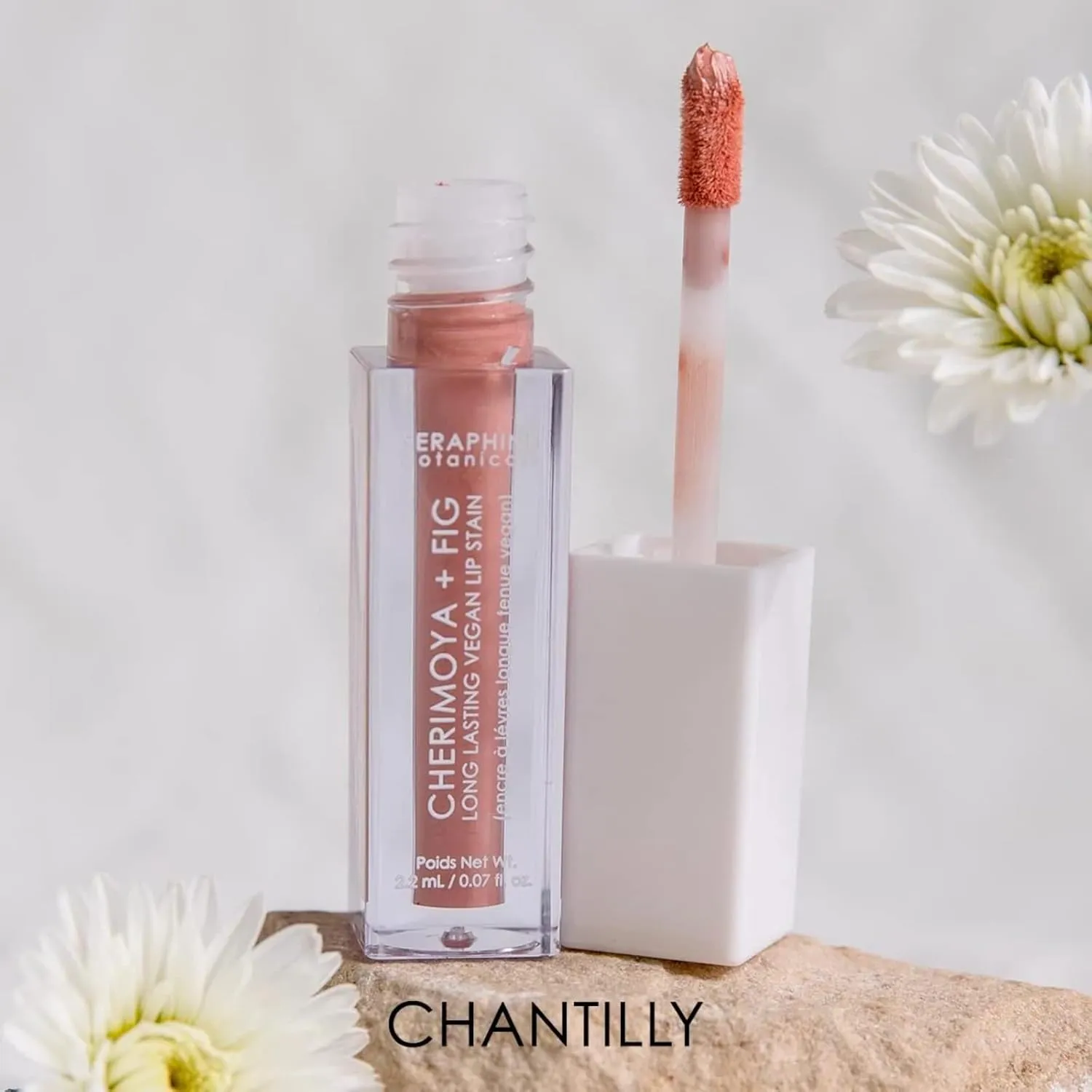 Seraphine Botanicals Long Lasting Vegan Lip Stain with Cherimoya & Fig Extracts - Lustrous Liquid Lipstick Intense Color Pigment High Impact Makeup Lip Cream Color Stick Balm for Women (Chantilly)