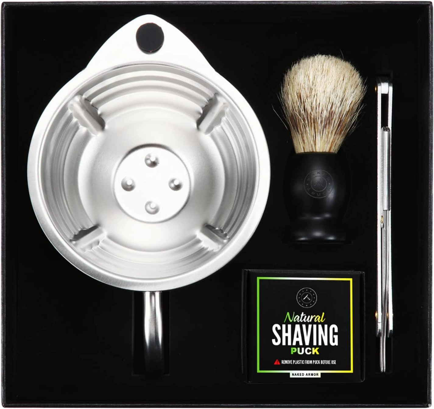 Silver Fox Shaving Scuttle Mug Kit - Bowl With Shavette, Soap, Brush, Stainless Steel Mug, Keeps Lather Hot and Creamy, Hot Shave At Home Daily, Great Gift