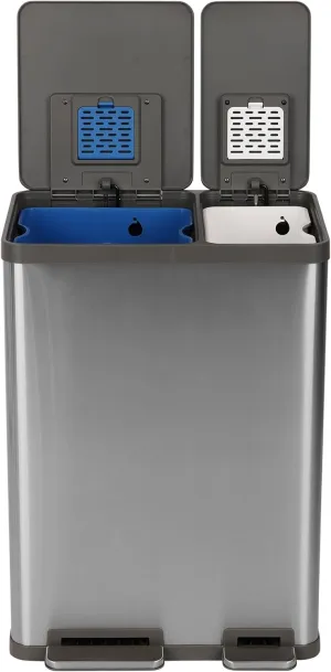 Simpli-Magic 60 Liter / 16 Gallon Rectangular Hands-Free Dual Compartment Recycling Kitchen Step Trash Can with Soft-Close Lid, Brushed Stainless Steel (38L x 22L Capacity)