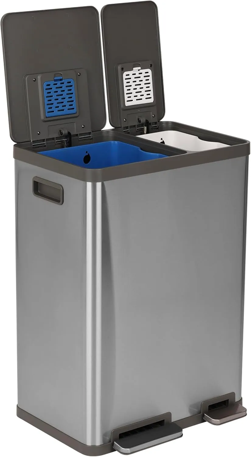 Simpli-Magic 60 Liter / 16 Gallon Rectangular Hands-Free Dual Compartment Recycling Kitchen Step Trash Can with Soft-Close Lid, Brushed Stainless Steel (38L x 22L Capacity)