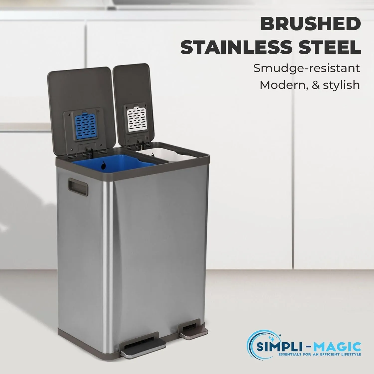 Simpli-Magic 60 Liter / 16 Gallon Rectangular Hands-Free Dual Compartment Recycling Kitchen Step Trash Can with Soft-Close Lid, Brushed Stainless Steel (38L x 22L Capacity)