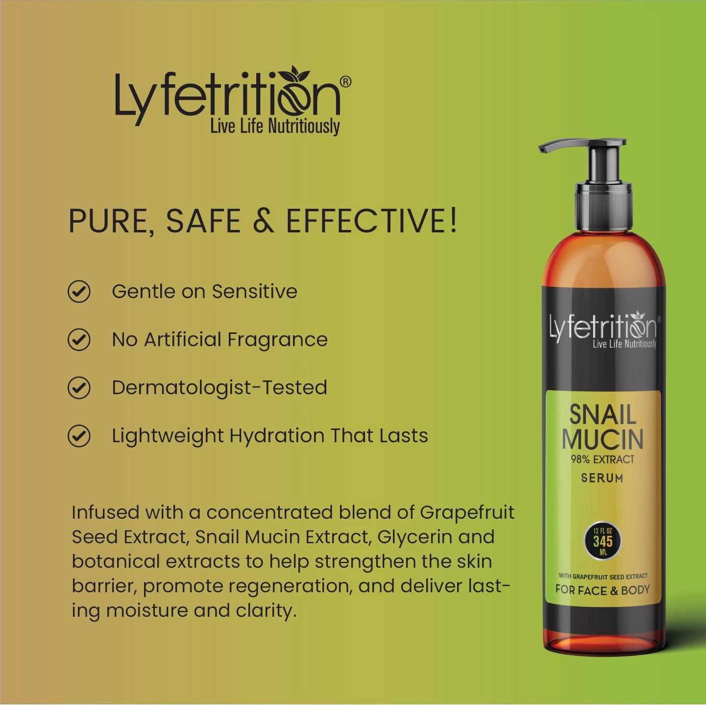 Snail Mucin 98% Power Repairing Serum with Hyaluronic Acid & Aloe Vera, Skin Repair Serum, Moisturizing Serum Essence for Soothing, Reducing Fine Lines Deep Nourishing (12 Fl Oz)