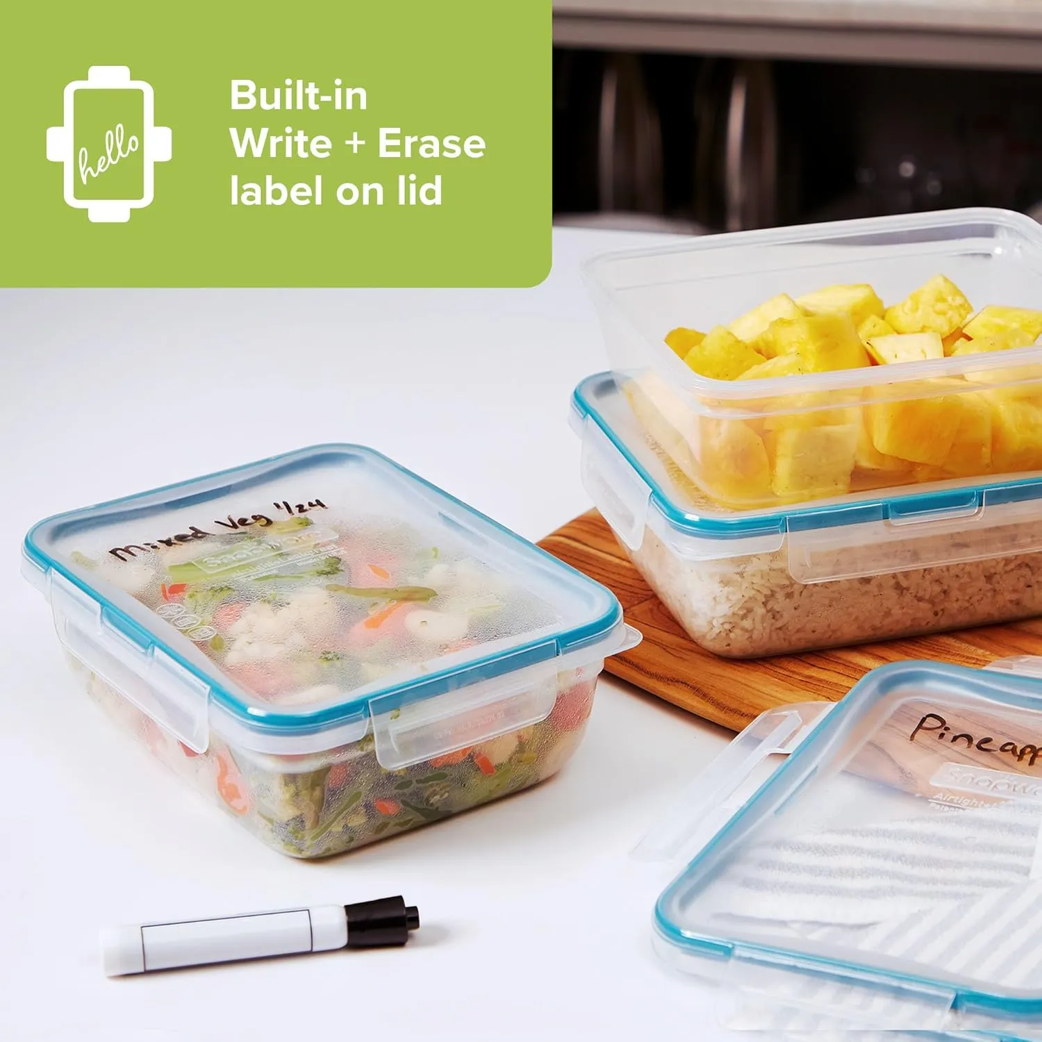 Snapware Total Solution 3-Pack (8.5-Cup) Plastic Food Storage Containers Set, Leakproof & Airtight Locking Lids Rectangular Tupperware, Non-Toxic BPA-Free Lids, Microwave Dishwasher Freezer Safe