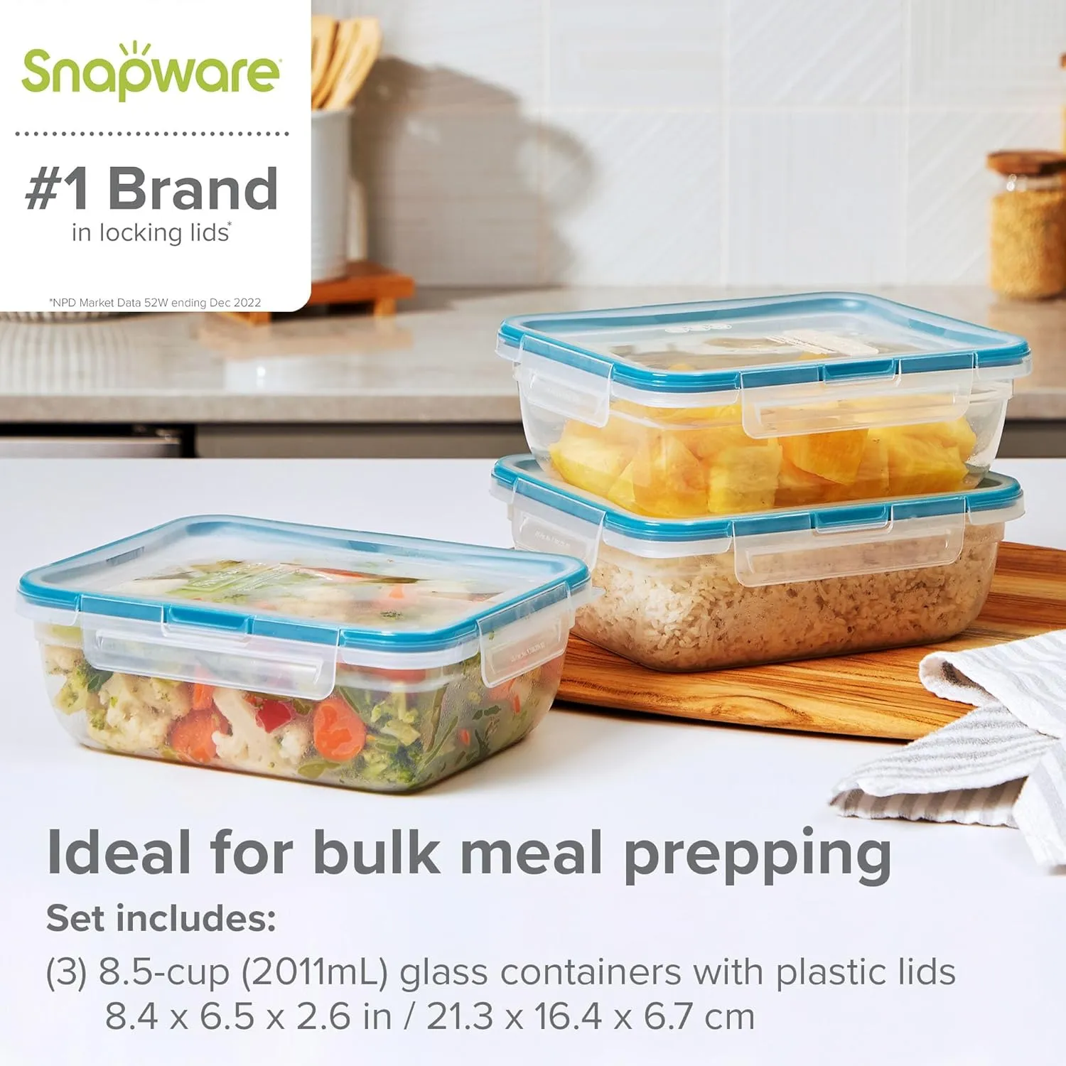 Snapware Total Solution 3-Pack (8.5-Cup) Plastic Food Storage Containers Set, Leakproof & Airtight Locking Lids Rectangular Tupperware, Non-Toxic BPA-Free Lids, Microwave Dishwasher Freezer Safe