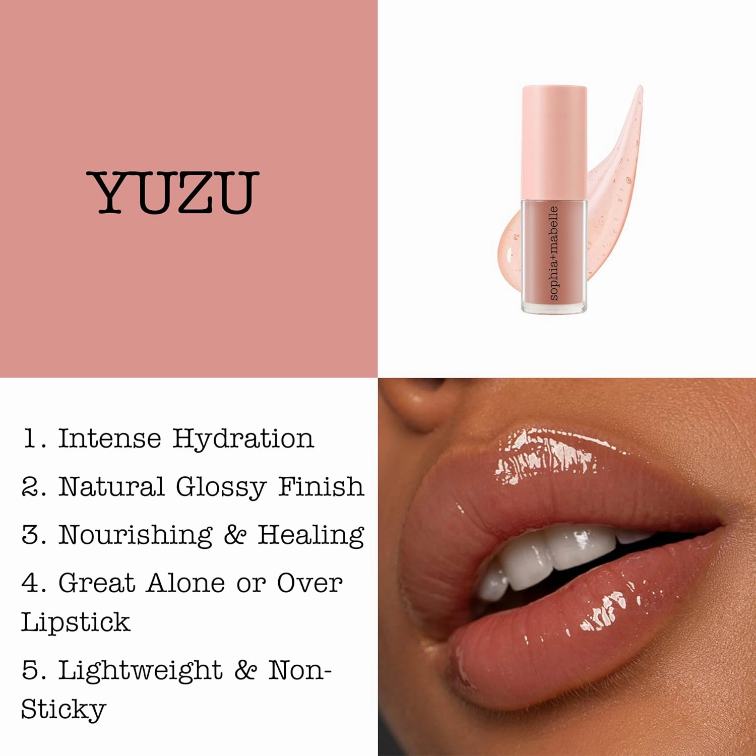 Sophia   Mabelle Hydrating Fruit Lip Oil – Lightweight, Non-Sticky, Tinted Gloss Oil – Nourishing, High-Shine, Flavored Lip Treatment – Yuzu, Lychee, Mango – 3.7g (Yuzu (Nude), Standard)