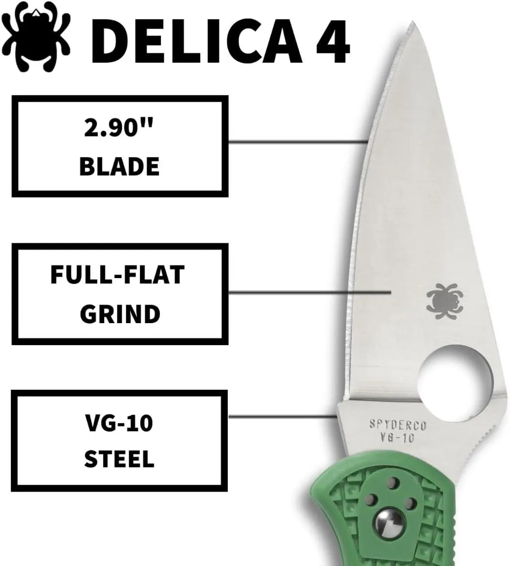 Spyderco Delica 4 Lightweight 7.15" Signature Folding Knife with 2.90" Flat-Ground Steel Blade and High-Strength FRN Handle - PlainEdge Grind