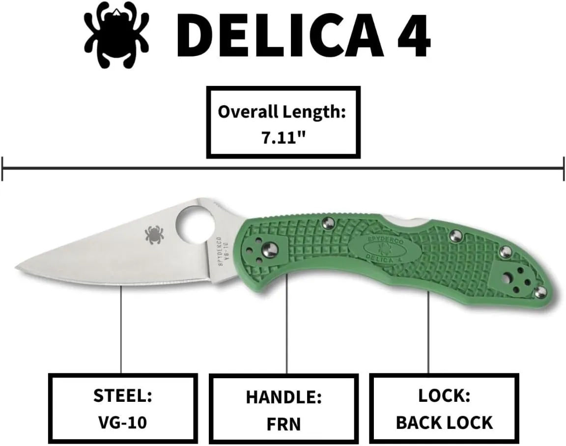 Spyderco Delica 4 Lightweight 7.15" Signature Folding Knife with 2.90" Flat-Ground Steel Blade and High-Strength FRN Handle - PlainEdge Grind