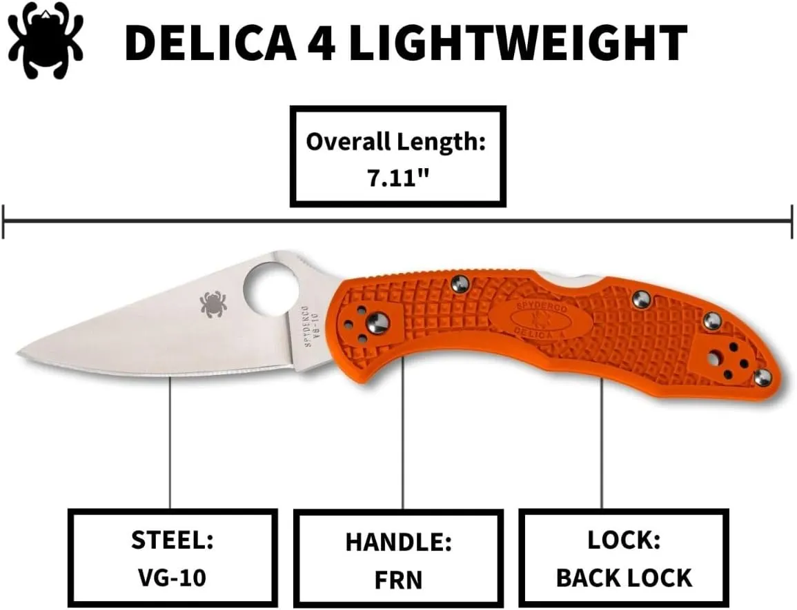 Spyderco Delica 4 Lightweight 7.15" Signature Folding Knife with 2.90" Flat-Ground Steel Blade and High-Strength FRN Handle - PlainEdge Grind