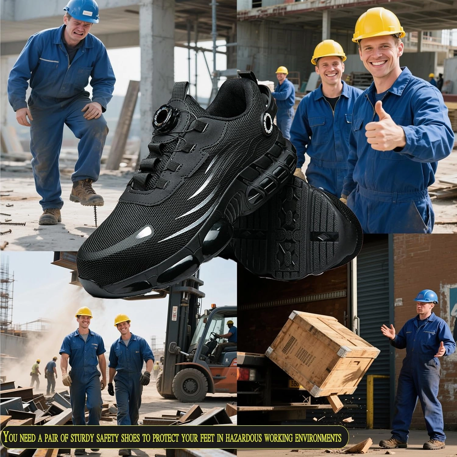 Steel Toe Shoes for Men & Women - Breathable Lightweight Work Shoes with Non-Slip Wear-Resistant Soles & Elastic Insoles, Safety Shoe for Construction, Warehouse, Workshop (Black/Gray)