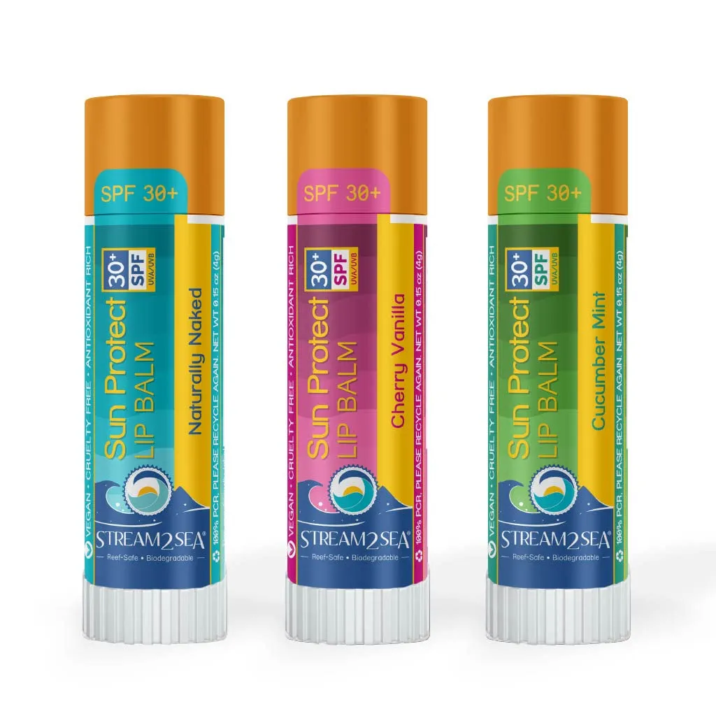 STREAM 2 SEA SPF 30 Organic Lip Balm Set, Reef Safe Cherry Vanilla, Naturally Naked and Cucumber Mint, Moisturizing   Sun Protect Outdoor Lip Balm For Beach and Sports, Paraben Free Lip Moisturizer