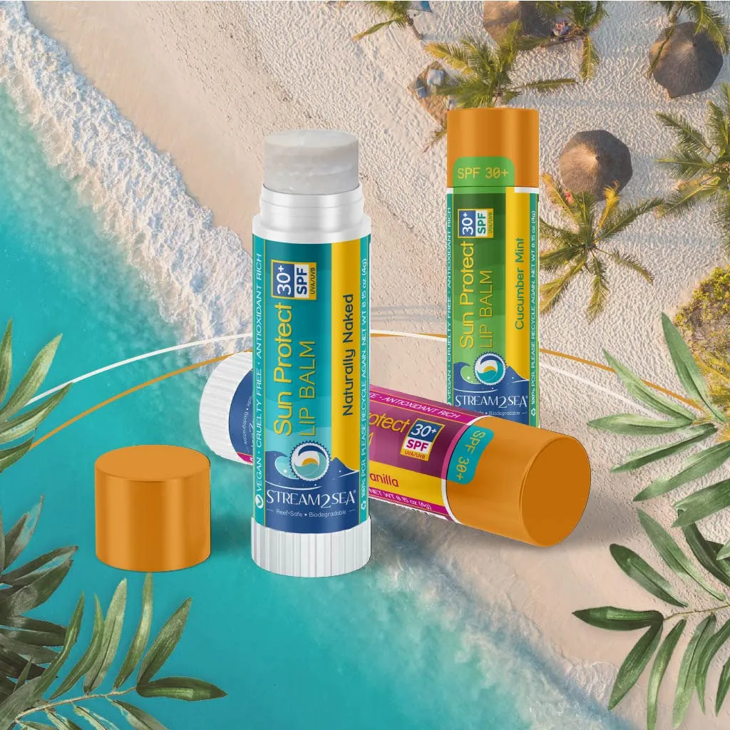 STREAM 2 SEA SPF 30 Organic Lip Balm Set, Reef Safe Cherry Vanilla, Naturally Naked and Cucumber Mint, Moisturizing   Sun Protect Outdoor Lip Balm For Beach and Sports, Paraben Free Lip Moisturizer