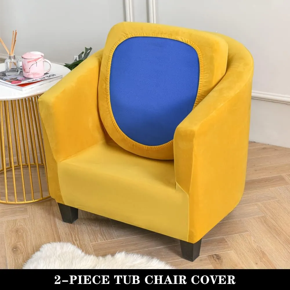 Stretch Tub Chair Covers, 2-Piece Club Chair Slipcover with Cushion Cover Soft Velvet Armchair Cover Furniture Protector for Living Room (Yellow)