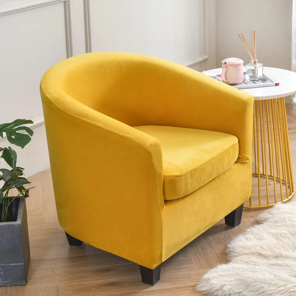 Stretch Tub Chair Covers, 2-Piece Club Chair Slipcover with Cushion Cover Soft Velvet Armchair Cover Furniture Protector for Living Room (Yellow)