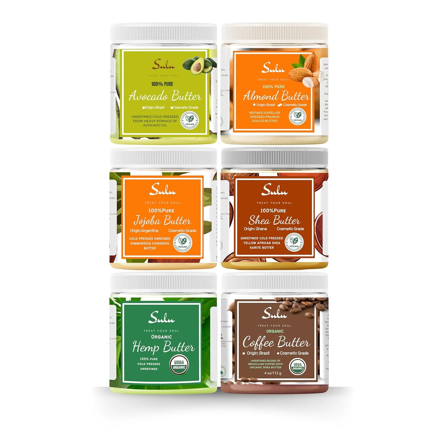 SULU ORGANICS Set of 6 Cold Pressed Body Butters ideal gift set for any occasion, contains: Avocado Butter,Almond Butter, Hemp seed Butter, Coffee Bean Butter, Shea Butter Unrefined, Jojoba Butter